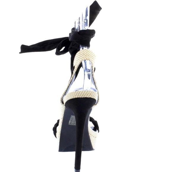 Black & Nude Strappy Lace Ankle Wrap Up High Heel Sandals - Picture 4 of 4